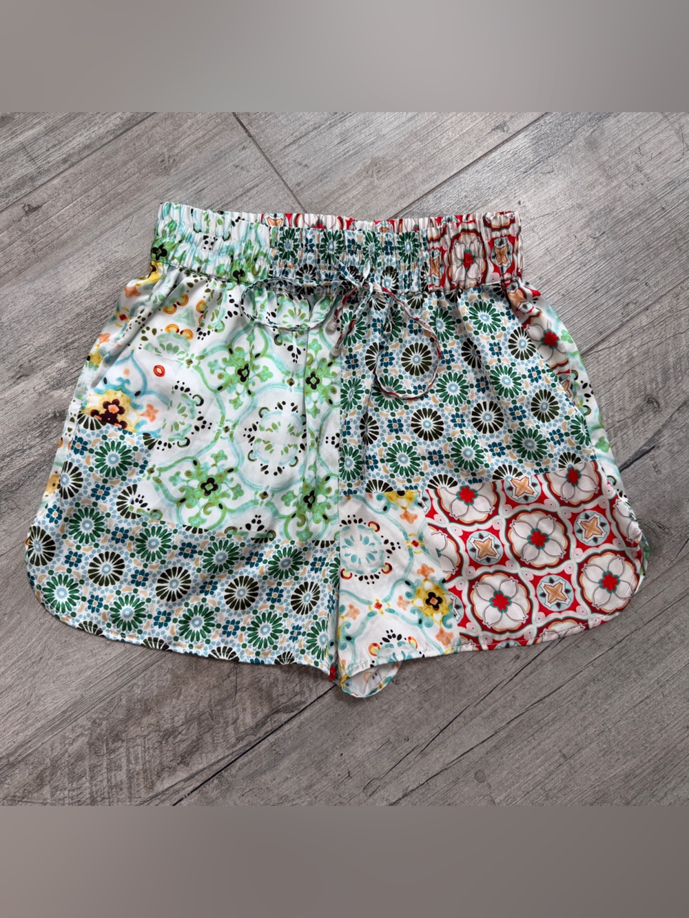 Zara Summer Chic Satin Elastic Waist Patchwork Print Shorts w/Pockets